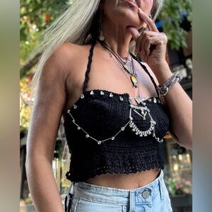 “Handmade Black Crochet Beaded Halter Crop Top – Boho Festival Style”